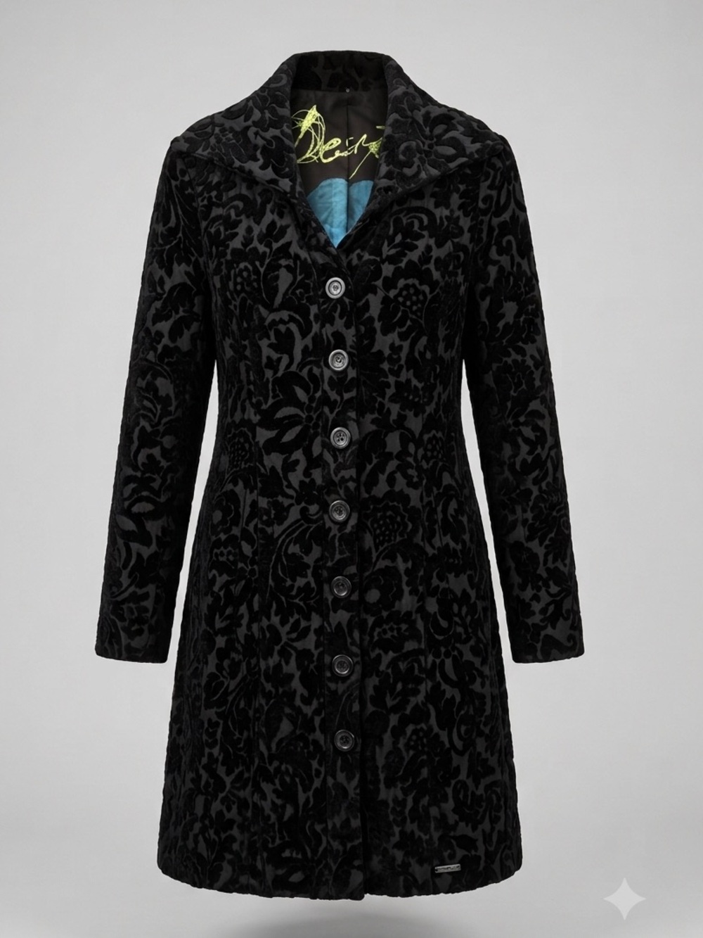 Desigual Black Flocked Velvet Floral Damask Trench Coat | Size 44 (US 12 / L)
